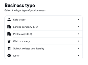 List of business types from SumUp website