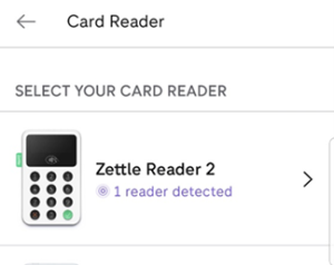 Image from Zettle app when selecting a card reader